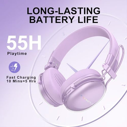 Wireless On-Ear Headphones, Active Noise Cancelling, Bluetooth 5.4, Hi-Res Sound, 55H Playtime, Lightweight and Comfortable, Foldable Design, for Home Office Travel, Purple - color: Purple