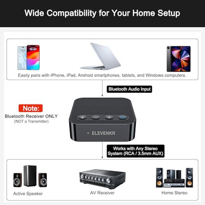 Bluetooth 6.0 Receiver for Home Stereo - RCA/3.5mm AUX Output | Hi-Fi Bluetooth Audio Adapter for Music Streaming Sound System Works with SmartPhones Tablets, Plug and Play - color: Black Sapphire Metallic