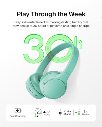 Belkin SoundForm Mini Bluetooth Kids Headphones with Case, 30H Battery Life | Toddler headphones, carrying case included, 85dB volume limiter, built-in mic, iPad, Android tablet, school - color: Mint, style: Wireless (USB-C) + Case