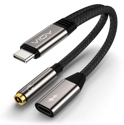 VIOY 2-in-1 USB C to 3.5mm Audio PD 60W Charging Splitter Adapter | Built-in DAC chip Hi-Fi audio, 60W PD fast charge, data transfer, headphone braided for iPhone 15/16 and Type-C devices