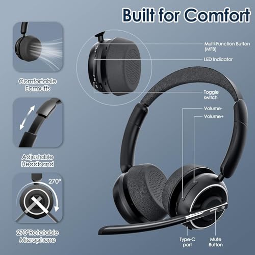 PrancyBt Wireless Headset with Noise Cancelling Microphone, Bluetooth Headset with Mic for Work, Wireless Headphones with Mute & USB Dongle for Work from Home/PC/Computer/Call Center