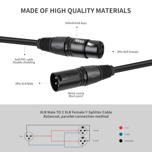 2 Pack XLR Splitter Cable,1 Maleto 2 Female, 1.5FT Stereo Mic to L&R Audio Y-Splitter Cable - color: 1.5FT-2PACK, size: XLR 1 Male to 2 Female