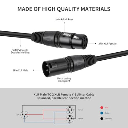 2 Pack XLR Splitter Cable,1 Maleto 2 Female, 1.5FT Stereo Mic to L&R Audio Y-Splitter Cable - color: 1.5FT-2PACK, size: XLR 1 Male to 2 Female