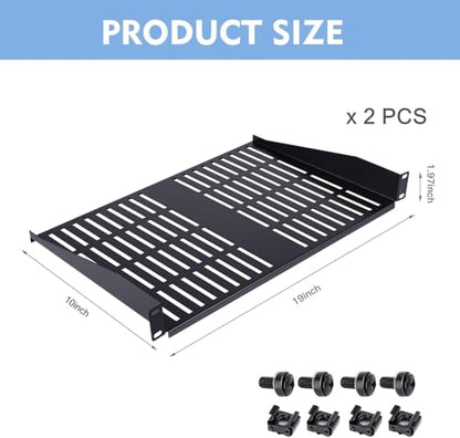 2PCS 1U Server Rack Shelf, Suitable for 19" Network Equipment Racks and Cabinets, Ventilated Cantilever Tray, Depth of 10 inches, Well-Ventilated (10") - size: 10"