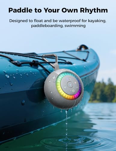 Bluetooth Shower Speaker IPX7 Waterproof: Removable Suction Cup, Grey | 360° Surround Sound, Vacuum-Lock, RGB Light, Portable Wireless Speaker for Beach, Pool, Kayak, Gifts for Adults Teens