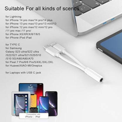 [Apple MFi Certified] Lightning USBC to 3.5 mm Headphone Jack Adapter | iPhone Headphones Aux Audio Dongle USB C Type C to 3.5 Female Adapter for iPhone 17 16 15 14 13 Pro Max 12 11 XS XR 8 7