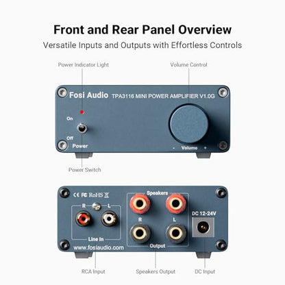 Fosi Audio V1.0G 2 Channel Class D Mini Stereo Amplifier for Home Speakers TPA3116 50W x 2 with Power Supply