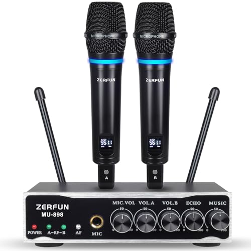 2 Channel Rechargeable Wireless Microphone System, Pro UHF Metal Handheld Wireless Microphones Cordless Mics with Echo Bluetooth VOL Channel Control for Karaoke Singing Church(MU-898)