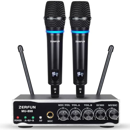 2 Channel Rechargeable Wireless Microphone System, Pro UHF Metal Handheld Wireless Microphones Cordless Mics with Echo Bluetooth VOL Channel Control for Karaoke Singing Church(MU-898)