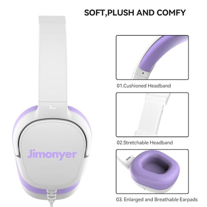 Jimonyer Kids Headphones for School, 3.5mm Jack Wired Headphones for Kids with Safe Volume Limiter, HD Stereo Sound On-Ear Girls Boys Toddler Headphone for Tablet, iPad, Kindle(WhitePurple) - color: WhitePurple