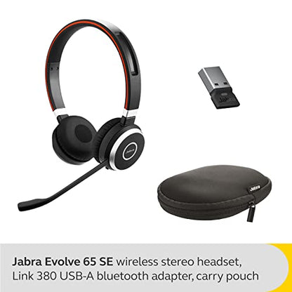 Jabra Evolve 65 SE Link380a UC Stereo Stand- Bluetooth Headset with Noise-Cancelling Microphone, Long-Lasting Battery and Dual Connectivity - Works with All Other Platforms - Black - size: UC, style: Stereo with Stand