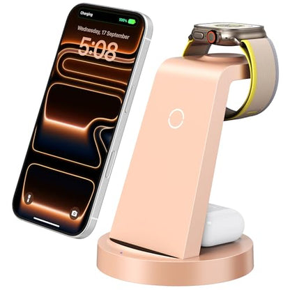 Anlmz 3 in 1 Charging Station for iPhone, Wireless Charger for iPhone 17 16e 16 15 14 13 12 11 X Pro Max & Apple Watch - Charging Stand Dock for AirPods (Rose) - color: Rose