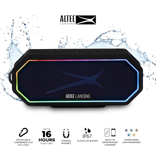 Altec Lansing Magnetic Bluetooth Speaker HYDRAJOLT 2.0, Waterproof IP67, 12W Output Power, 16H Battery, Multicolor LED, 100ft Wireless Range, Voice Assistant, USB-C Quick Charge - color: Black