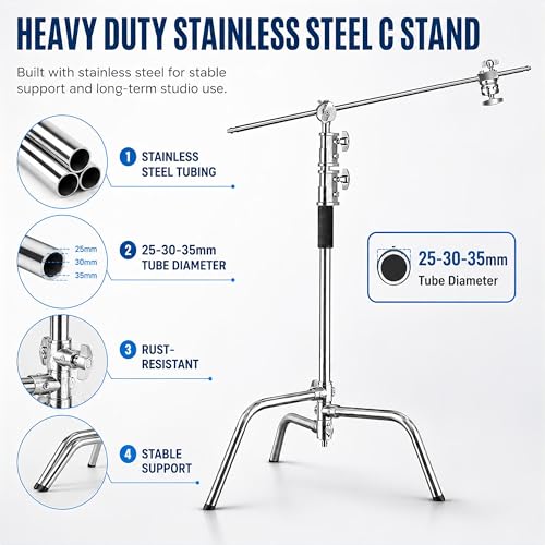 C Stand with Boom Arm, 6.9ft/210cm, 88cm Extension Arm | Heavy Duty Stainless Steel, Turtle Base, 2 Grip Heads, Buffer Spring, For Softbox, Reflector, Strobe - size: 210cm 1 Pack
