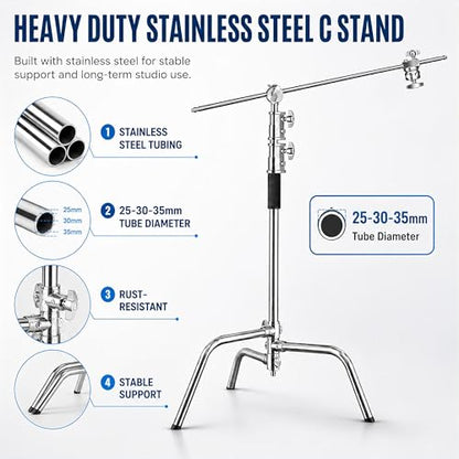 C Stand with Boom Arm, 6.9ft/210cm, 88cm Extension Arm | Heavy Duty Stainless Steel, Turtle Base, 2 Grip Heads, Buffer Spring, For Softbox, Reflector, Strobe - size: 210cm 1 Pack