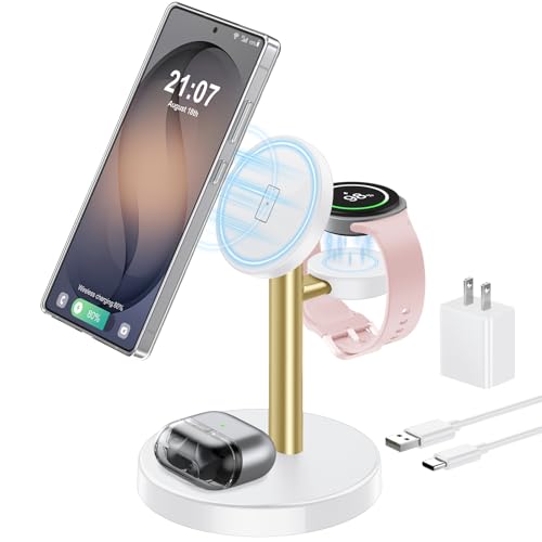 Magnetic Wireless Charger for Samsung, 3 in 1 Super Fast Charging Station Compatible with MagSafe, Phone Charger Stand for Samsung Galaxy S26 Ultra S25 Z Fold/Flip 8, Watch Ultra 8 7 6, Buds 4/3 Pro - color: WhiteGold