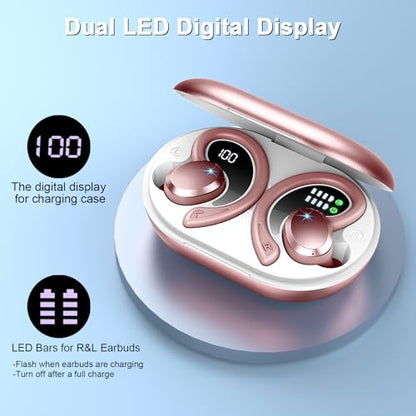 Wireless Earbuds Sport, Bluetooth 5.4 Headphones Bass Hi-Fi Stereo Over Ear Buds, 56Hrs CFZNoise Cancelling Headset with Earhook, IP-X7 Waterproof Earphones Workout Running for Laptop Pad Android iOS - color: Deep Rose Gold