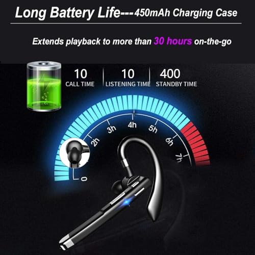 Wireless Headset Business Earpiece 30Hrs Playtime with 450mAh Charging Case Built-in Mic Noise Cancelling Headphone Handsfree Sports Earphone for Android iOS Driving Trucker Driver Business Office - color: Black