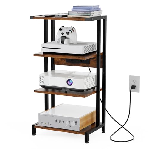 X-cosrack 16.5" Game Console Shelf, Small 4-Tier Video Gaming Consoles Stand with Outlet, Narrow Stereo Cabinet AV Media Stand, Corner Audio Rack for PS5,Xbox,Game Console,TV Box,WiFi Router - style: Outlet