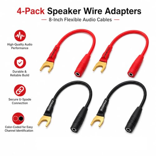 Spade to Banana Plug Cable 4-Pack 24K Gold OFC | 8-Inch, 13AWG, 24K Gold-Plated, OFC Pure Copper, 45-Degree Angled, Color-Coded, Amplifier, AV Receiver, Home Theater