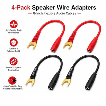 Spade to Banana Plug Cable 4-Pack 24K Gold OFC | 8-Inch, 13AWG, 24K Gold-Plated, OFC Pure Copper, 45-Degree Angled, Color-Coded, Amplifier, AV Receiver, Home Theater
