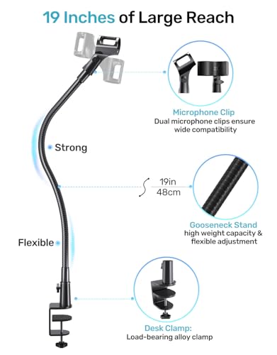 19-in Gooseneck Mic Stand with Desk Clamp, 3/8 & 1/4 Adapters, 360° Swivel | Upgraded Clamp, Heavy Duty & Flexible Arm for Podium, Pulpit, Lecture, Podcast, Sturdy Clamp, Universal Fit for Most Mics - size: Upgraded Clamp