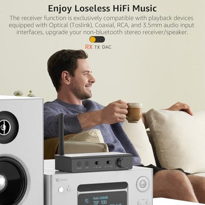 1Mii DS700 HiFi Bluetooth Audio Transmitter Receiver with LDAC | OLED Display, Wireless Adapter with Audiophile DAC for TV Home Stereo, Optical & Coaxial Input/Output, RCA Output Only