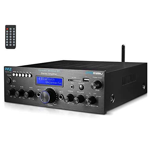 Pyle 200W Bluetooth Stereo Amplifier - Compact Desktop Power Amp Receiver with FM Radio, Karaoke Ready - Dual Mic Input with Echo, Digital LCD Display, RCA in/Out, USB-A Mp3 Player - Pyle PDA612BU