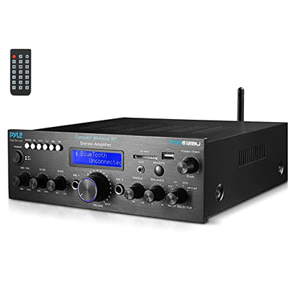 Pyle 200W Bluetooth Stereo Amplifier - Compact Desktop Power Amp Receiver with FM Radio, Karaoke Ready - Dual Mic Input with Echo, Digital LCD Display, RCA in/Out, USB-A Mp3 Player - Pyle PDA612BU