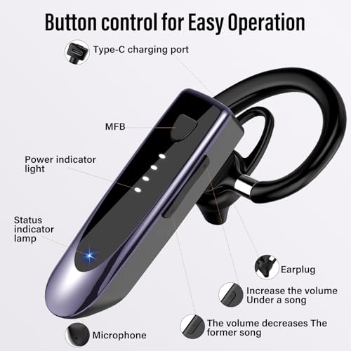 Atheewon Bluetooth Earpiece, Wireless Handsfree with Noise Cancelling Mic, 20Hrs Call Time Bluetooth 5.4 Headset, 180 Hrs Standby Time Headset for Business/Trucker/Driver, Purple - color: Purple