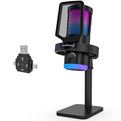 ZealSound Wireless Microphone for PC Mac iPhone iPad & Android, USB Mic with Noise Reduction, Tap Mute and Volume Control, RGB Light and Real-Time Monitoring, for Podcasting Streaming Gaming & TikTok - color: RGB