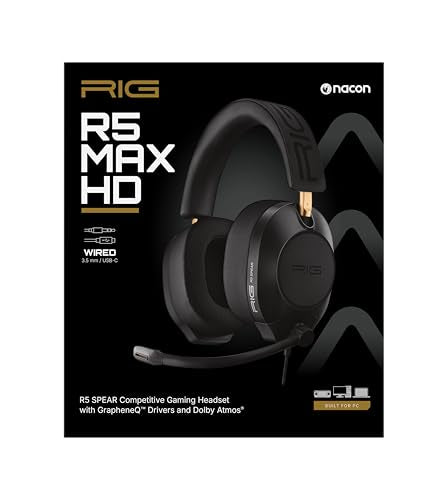 RIG R5 Spear MAX HD Wired PC Gaming Headset | 40mm GrapheneQ™ 드라이버, USB-C 오디오 DAC, 돌비 애트모스 3D 오디오, 탈착식 노이즈 캔슬링 마이크, 메모리 폼 - 3.5mm 및 USB-C - color: 블랙.
