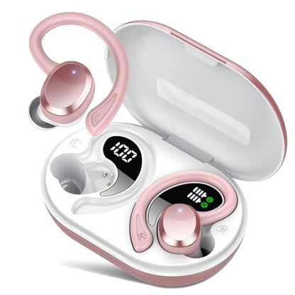 sprtoybat Wireless Earbuds, 2026 New Bluetooth 5.4 Headphones Sport Earphones with 68Hrs Playtime LED Display ENC Noise Cancelling Mic, IPX7 Waterproof Over Ear Ear Buds with Hook for Sports/Running - color: Gold Pink