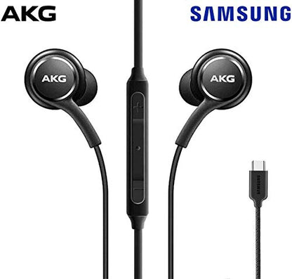 ElloGear Type C Headphone Earbuds for Samsung Galaxy A53, S21, S22, S22 Ultra, S20 FE - Designed by AKG - Braided Cable with Microphone and Volume Remote USB-C Connector - Black