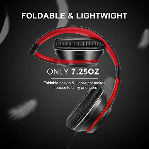 LORELEI X8 Over-Ear Wired Headphones with Microphone with 1.45m-Tangle-Free Nylon Line&3.5mm Plug,Lightweight Foldable & Portable Headphones for Smartphone,Tablet,Computer,Mp3/4(Black-red) - color: Black-red