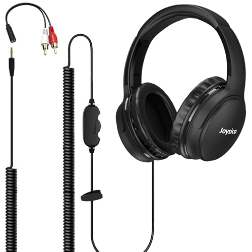 Joysico 19.5Ft / 6M Extra Long Cord Headphones for TV PC w Volume Control | Spring Coiled Cable, RCA Adapter, 3.5mm Wired Plug & Play, Comfortable Headset Over Ear Earphones for Seniors Hard of Hearing