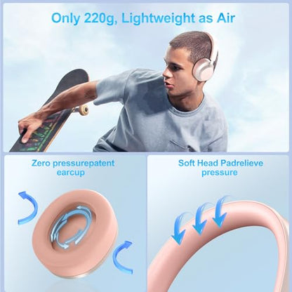 Over Ear Headphones Wireless Bluetooth, Noise Cancelling Headphones Bluetooth with Microphone, Cancelling Wireless Headphones Over Ear, 65h Playtime, Clear Calls, Comfort Fit For Travel (Pink) - color: Pink