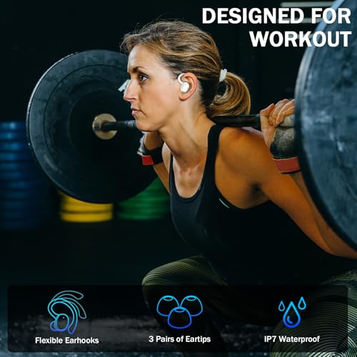 Wireless Earbuds, Sport Bluetooth 5.4 Headphones 2026 New Bluetooth Earbuds with 56Hrs Stereo, 4 ENC Mic, Noise Canceling Over-Ear Buds with Earhooks, IP7 Waterproof Earphones for Workout/Running/Gym - color: White
