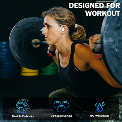 Wireless Earbuds, Sport Bluetooth 5.4 Headphones 2026 New Bluetooth Earbuds with 56Hrs Stereo, 4 ENC Mic, Noise Canceling Over-Ear Buds with Earhooks, IP7 Waterproof Earphones for Workout/Running/Gym - color: White