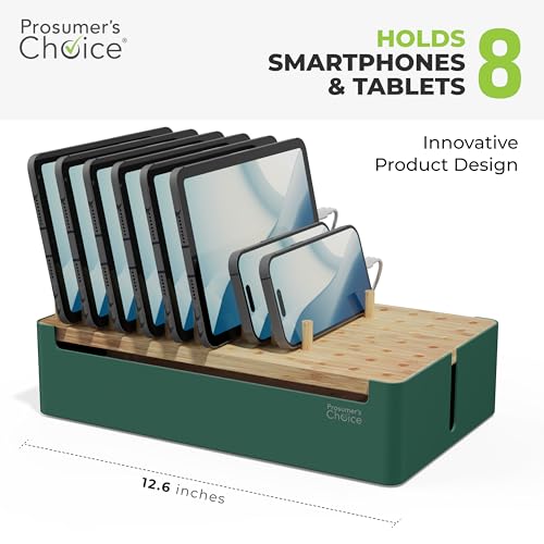 Prosumer's Choice Bamboo Charging Station - Multi Charger Station Organizer - Desk Docking Station for Phones, Tablets, Laptop - Wooden Charging Station with Removable Dividers - Cables Not Included - color: Metal & Bamboo Green