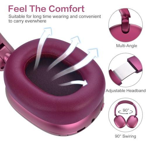 C6 Active Noise Cancelling Headphones, Wireless Over Ear Bluetooth Headphones, 60H Playtime, Lightweight Folding Deep Bass Comfort Fit Ear Cups Headset with Mic for iPad/Travel/PC/Home Red - color: Red