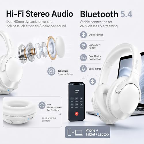 MIDOLA Bluetooth Headphones Wireless 68H with Mic,Decent Sound-Acceptable | Adjustable Headband Foldable Over-Ear Lightweight Headsets for Toddler Girls Boys Tablet/iPad,HD Stereo,Built-in Mic,White - color: White