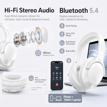 MIDOLA Bluetooth Headphones Wireless 68H with Mic,Decent Sound-Acceptable | Adjustable Headband Foldable Over-Ear Lightweight Headsets for Toddler Girls Boys Tablet/iPad,HD Stereo,Built-in Mic,White - color: White