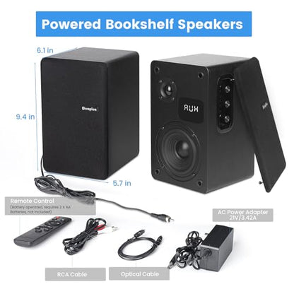 Powered Bookshelf Speakers for Turntable Vinyl Record Player | 40W*2, 4 Inch Woofer, Optical/ARC/RCA/BT/AUX Wired & Wireless Input, Desktop HiFi Stereo Sound Active Speakers for TV PC - size: 4 Inch Woofer