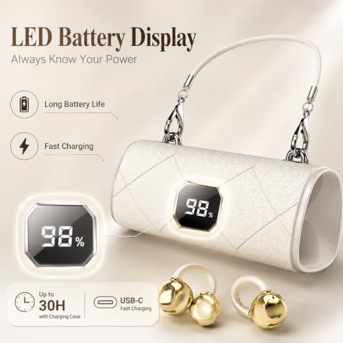Carrying Bag Battery Compartment Smart Wireless Earbuds Bluetooth 6.0 Open Ear Clip Headset Built-in Mic Ear Hook Design Compatible with iOS and Android (White) - color: White