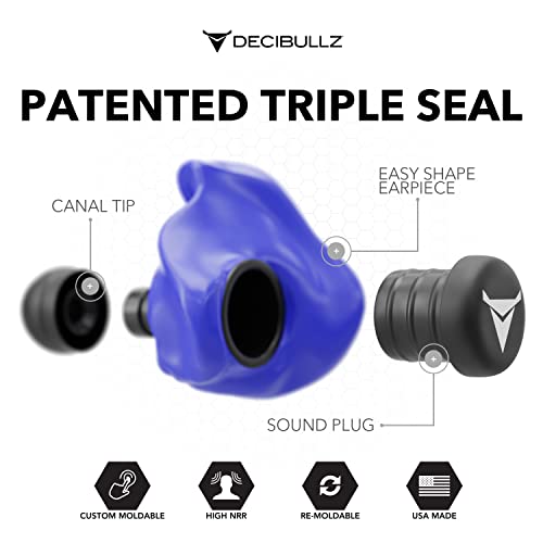 Decibullz Custom Molded Ear Plugs, 31dB NRR Shooting Ear Protection (Blue) | Reusable & Re-moldable, For Range Officers, Jobsite Crews & Musicians, Travel & Concert Use, Earplugs, American Company - color: Blue
