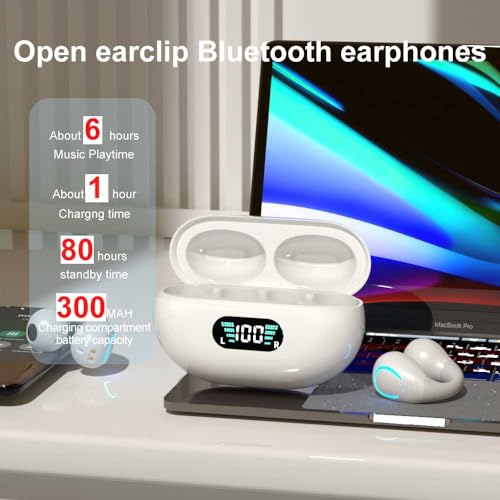 Obbug Clip-On Open Ear Headphones Wireless Bluetooth 5.3 Earbuds with Earhooks 80 Hours Playtime with Charging Case,IPX4 Waterproof Earphones for Running, Walking, Workout (White) - color: White