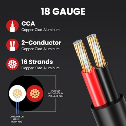 18 Gauge Outdoor Speaker Wire 50ft CL3 Direct Burial CCA Cable | CL2 Rated, 2 Conductor Stranded Core, UV and Weather Resistant, No Conduit Needed Underground, Garden Patio Pool Audio - size: 50FT, style: 18GAUGE