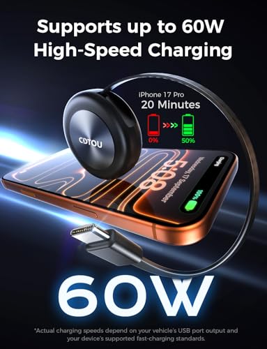 Retractable USB C Car Charging Cable for Honda CR-V/Civic/Accord, 360° Rotating Base, Supports USB C & USB A Ports, Compatible with iPhone 15/16/17 & Samsung Galaxy, Car Interior Accessories