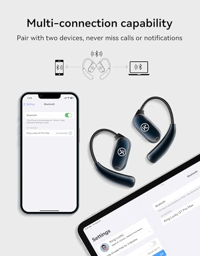 King Lucky True Wireless Open Ear Headphones, Bluetooth 5.3 Wireless Earbuds with Mic, dual link Open Owls Hanging Earphones Lightweight 7.3g 60Hrs Playtime,for sports Running Workout(black), i31pm